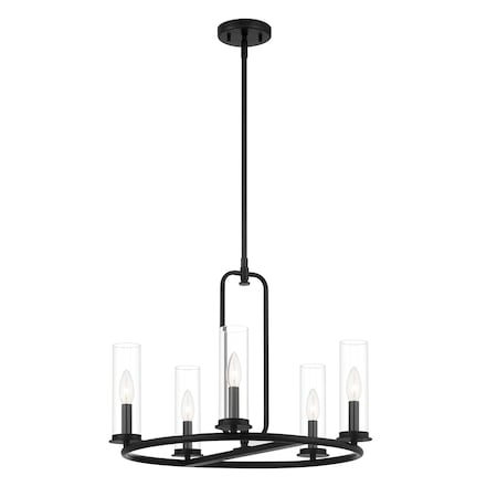 Designers Fountain Hudson Heights 5 Light Industrial Matte Black with Clear Glass Shades Chandelier For Dining Rooms D268C-5CH-MB